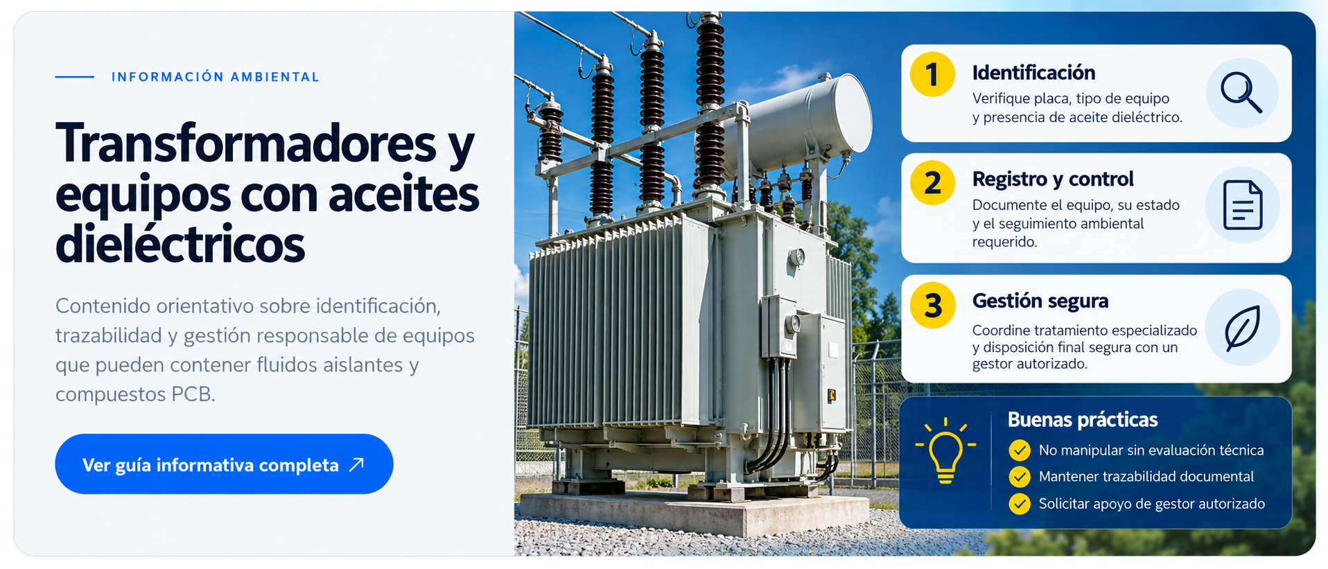 Guía informativa original de TESLA RAEE sobre transformadores, aceites dieléctricos, identificación, registro y gestión segura